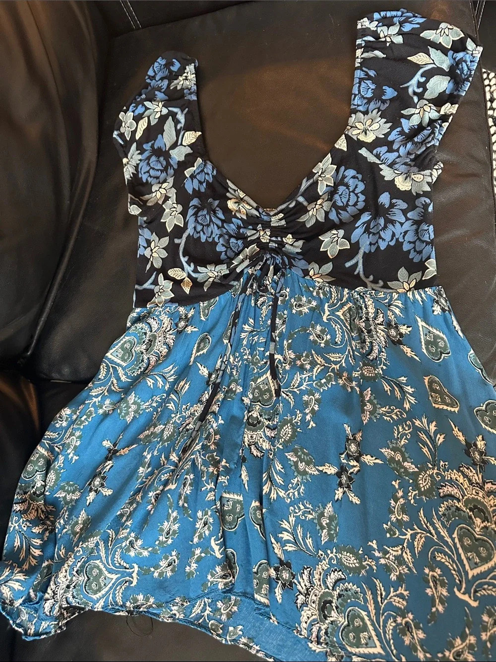 Free People Teal Paisley top with Black and Cream Accents sz L